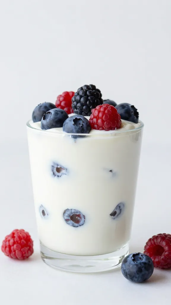 Greek yogurt parfait with berries, clean studio light
