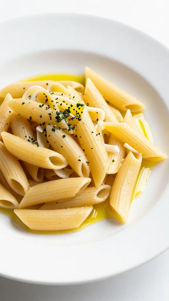 Gluten-free pasta dish, olive oil drizzle, bright surface