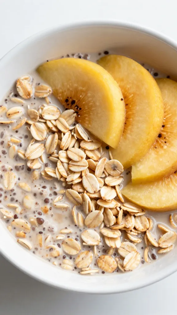 GF oats breakfast bowl, sliced fruit, soft natural glow
