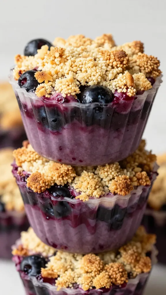 close-up stack of warm berry crumble cups