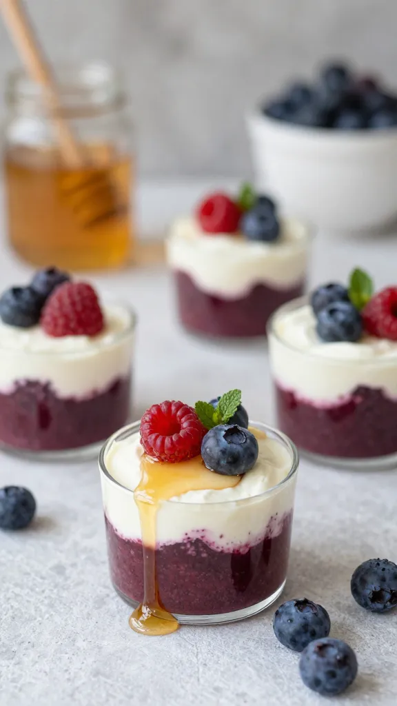cozy breakfast scene with berry cups and honey drizzle