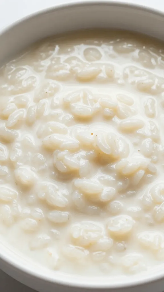 gluten-free coconut cream rice pudding in bowl, close-up