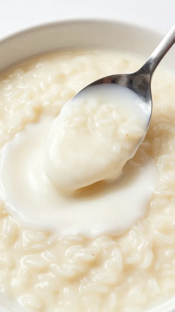 creamy rice pudding spoon with coconut cream drizzle