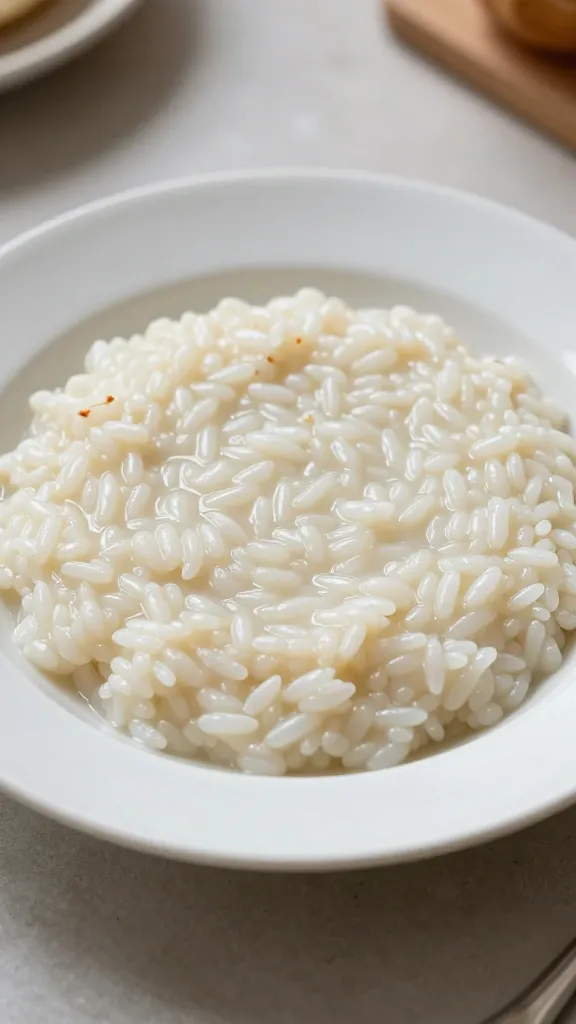 white plate, cozy kitchen ambiance, rice pudding center