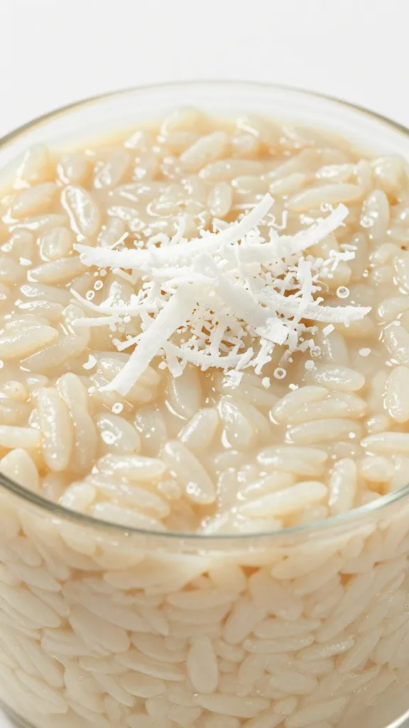 textured short-grain rice pudding top with coconut shavings