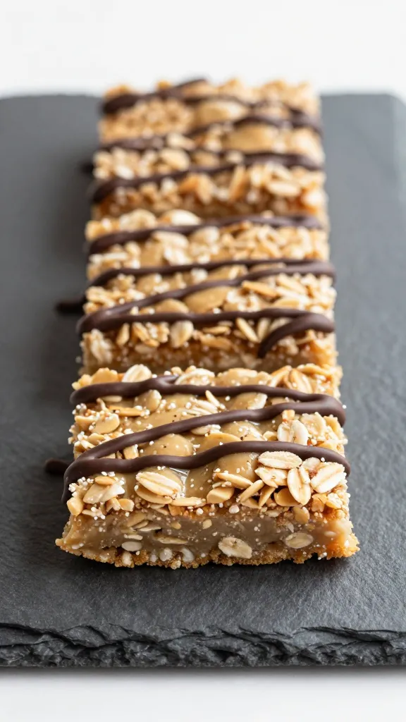 Gluten-free oat bars with dark chocolate drizzle on slate