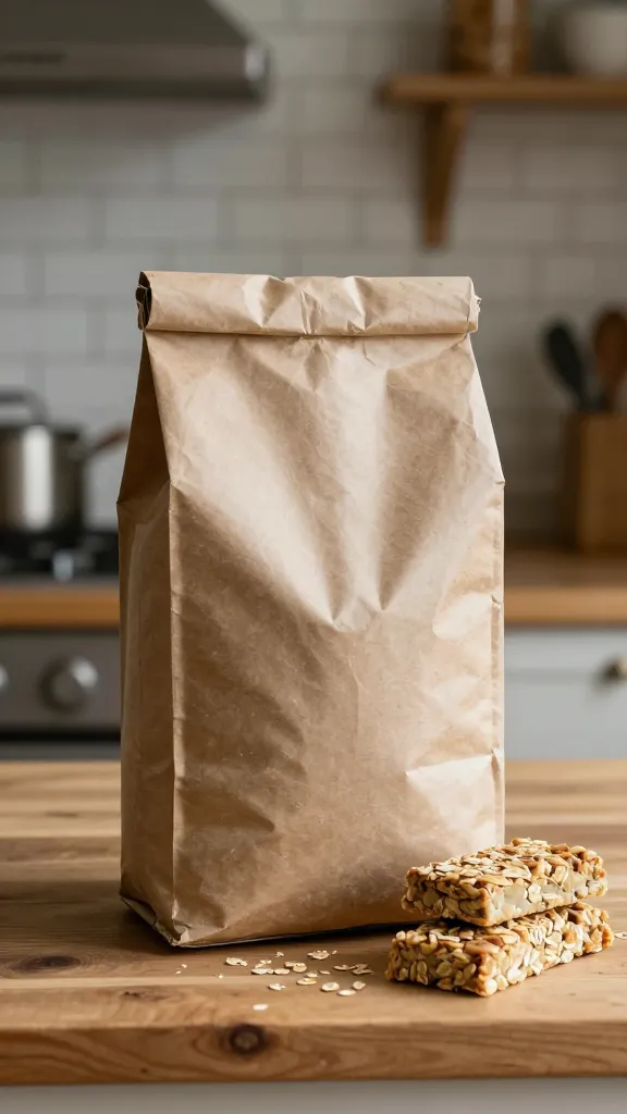 Rustic kitchen scene with gluten-free oats bag and bars