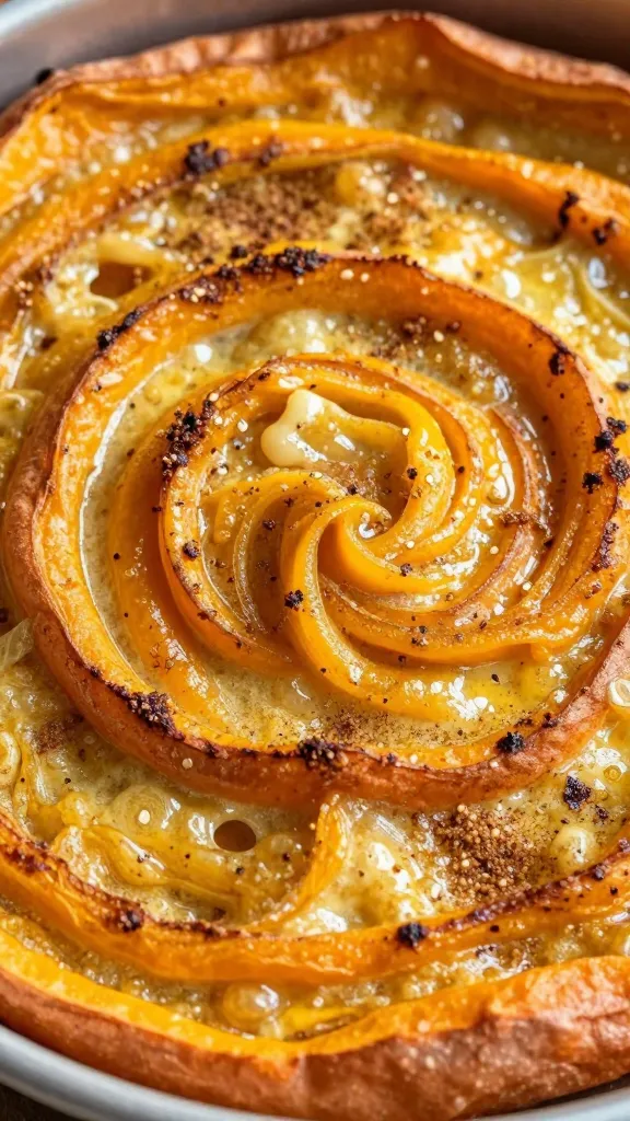 Close-up of swirled sweet potato bake with cinnamon