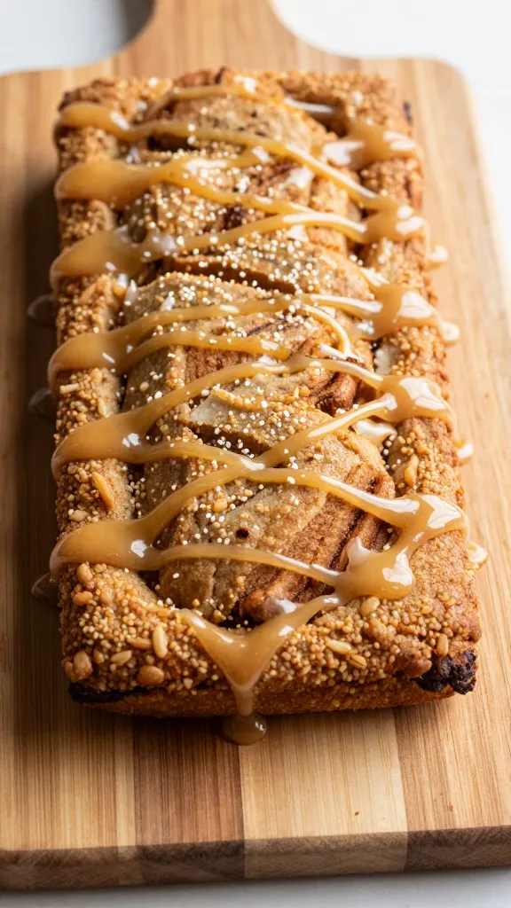 Maple drizzle on gluten-free cinnamon bake on wooden board