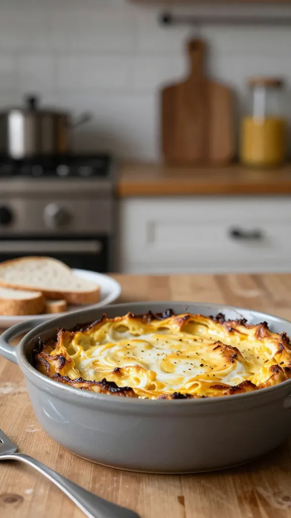 Brunch scene with baked dish, rustic kitchen backdrop
