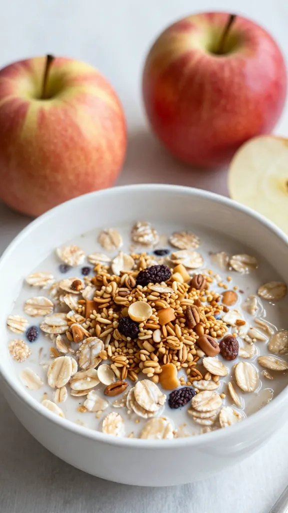 Cozy morning scene: oats, apples, granola topping