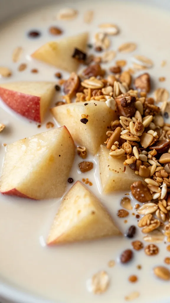 Close-up: creamy oats, apple chunks, nutty granola sprinkle