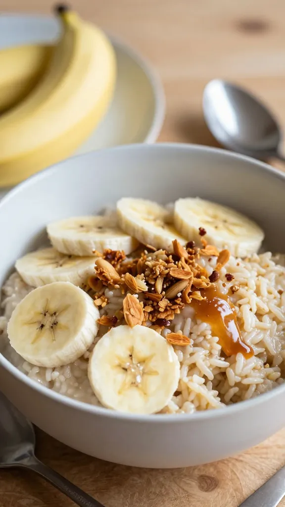 cozy brunch scene: bowl with banana bread rice pudding