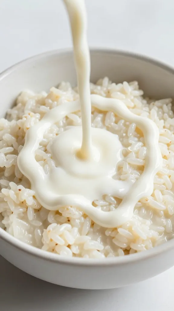 dairy-free milk drizzle over rice pudding bowl