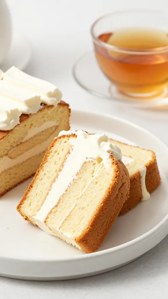 Slices of gluten-free cake with whipped cream, tea on tray