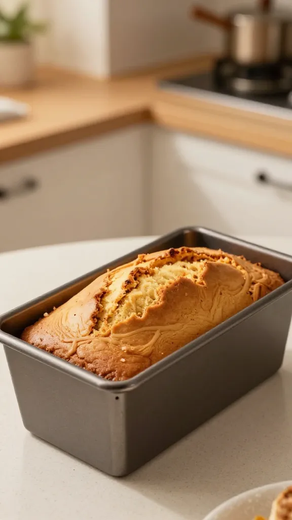 Cozy kitchen scene, cake in loaf pan, warm lighting