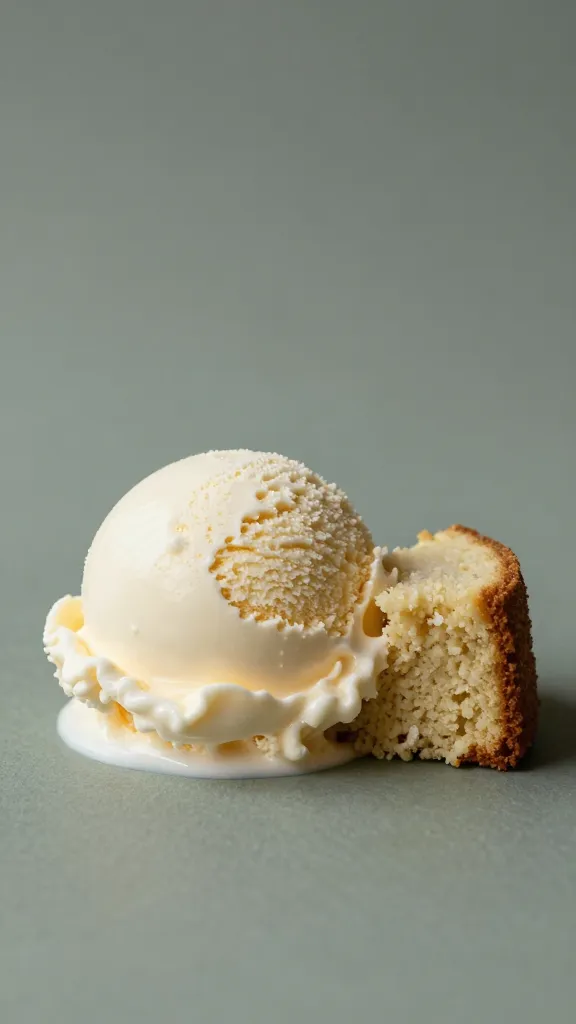 Vanilla ice cream dollop beside gluten-free cake slice, muted background