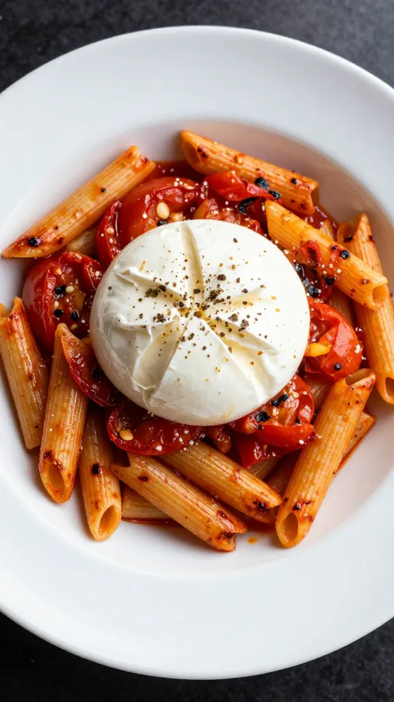 Roasted tomato burrata pasta on a white plate