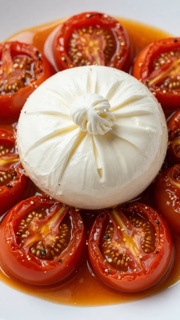 Close-up: caramelized tomatoes with burrata center