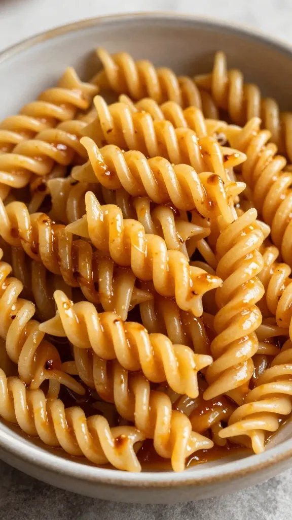 Gluten-free pasta twirl with glossy sauce, rustic bowl
