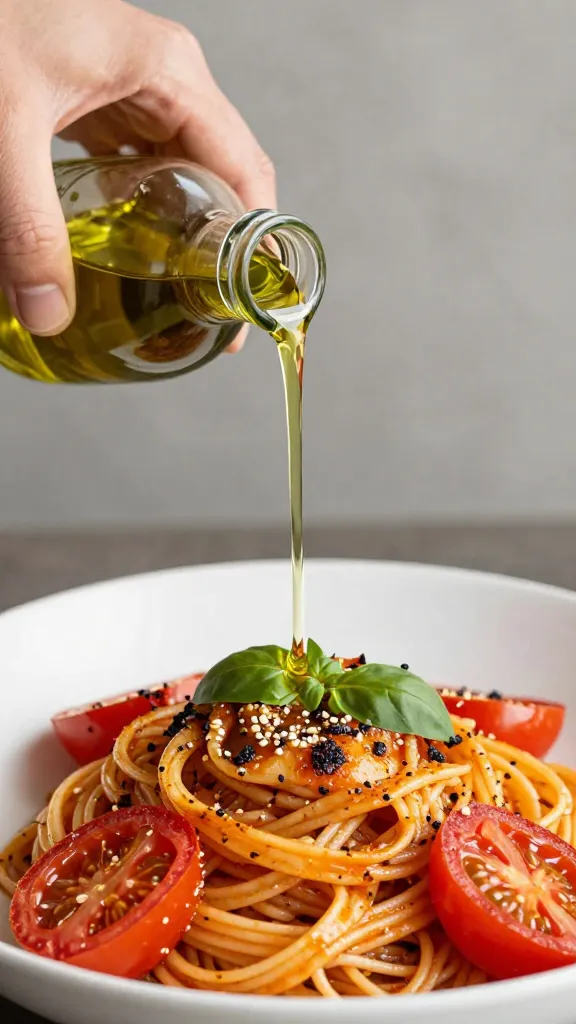 Hands pouring olive oil over roasted tomato pasta dish