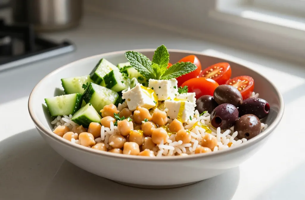 Easy Mediterranean Gluten Free Bowls (Chickpea Cucumber Feta Rice Bowl) in Minutes
