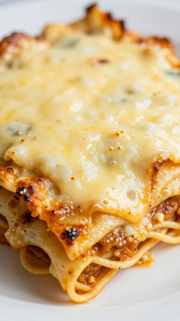 Close-up: gooey cheese on gluten-free lasagna noodles