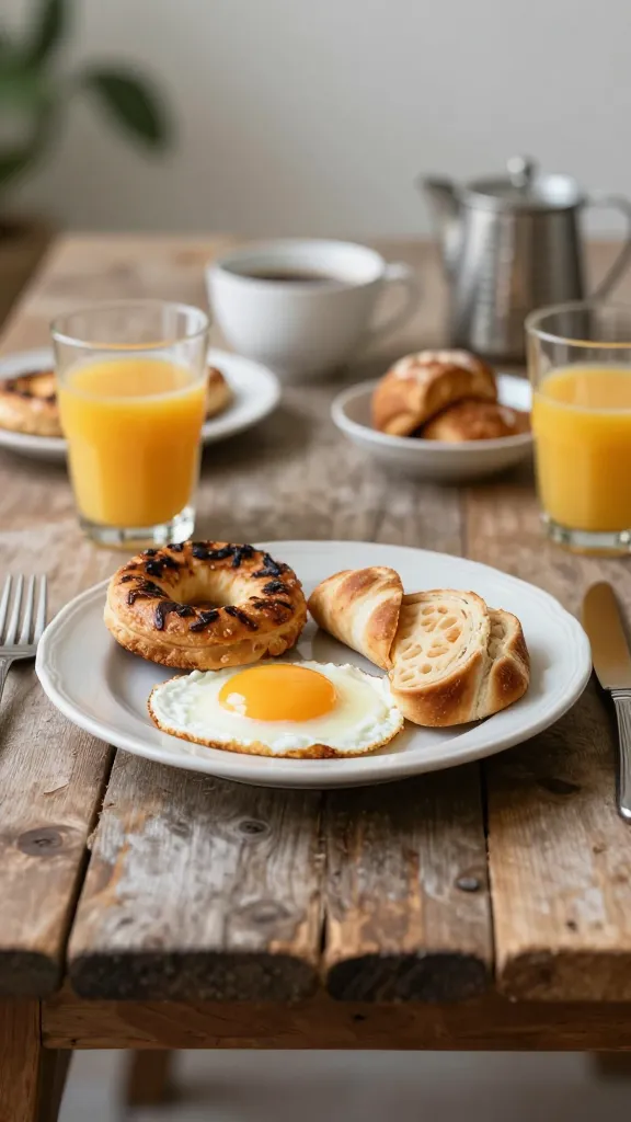 Morning brunch setting: rustic table, crisp ready to serve