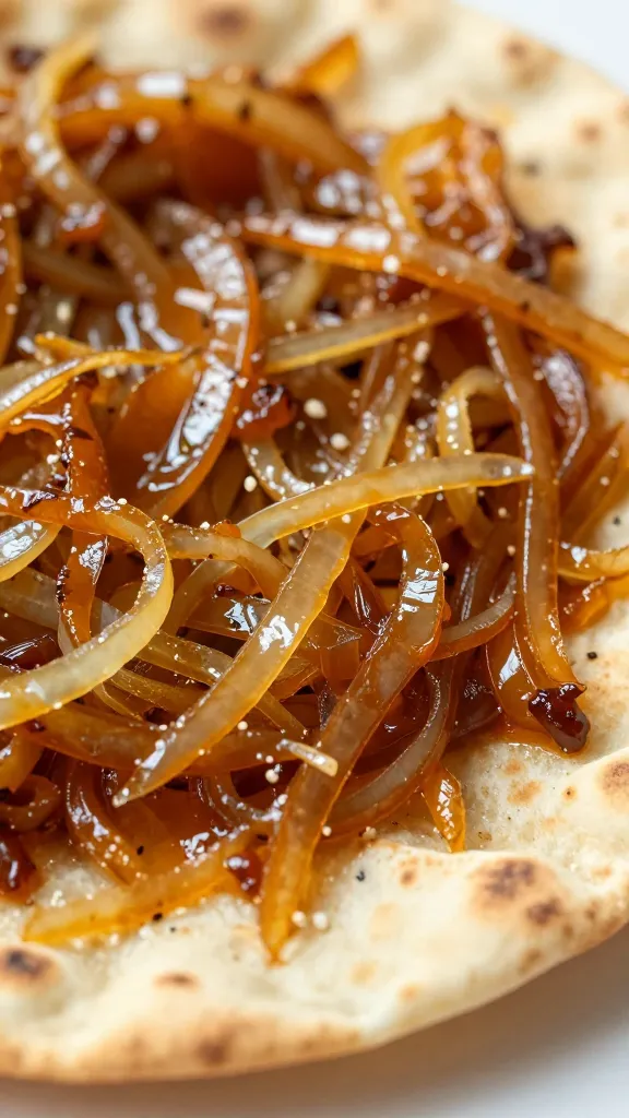 caramelized onions on flatbread close-up