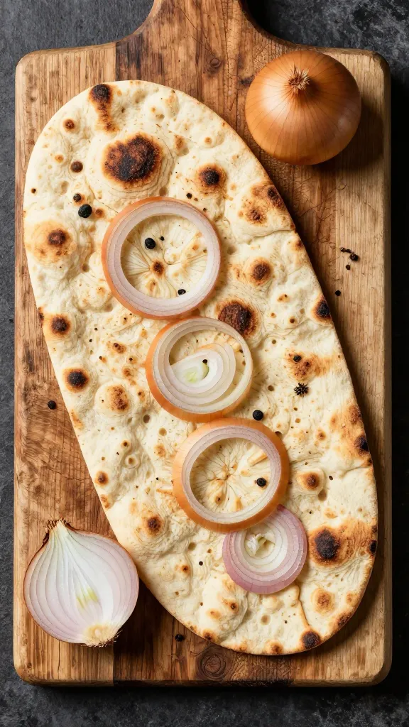 rustic wooden board with flatbread and onions