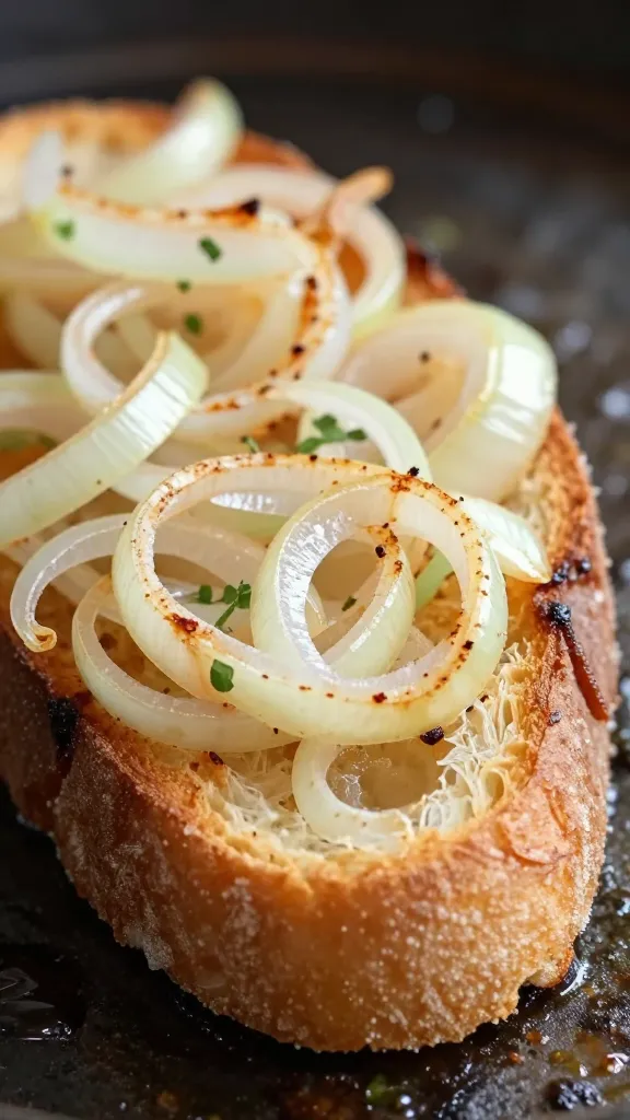 side-angle shot of sizzling onions on crusted bread