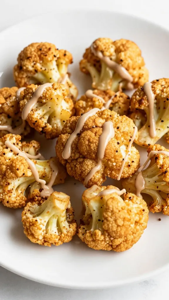 Crispy cauliflower florets with tahini drizzle on white plate