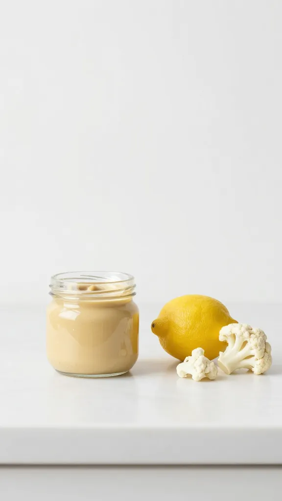 Minimalist kitchen scene: jar of tahini, lemon, cauliflower florets