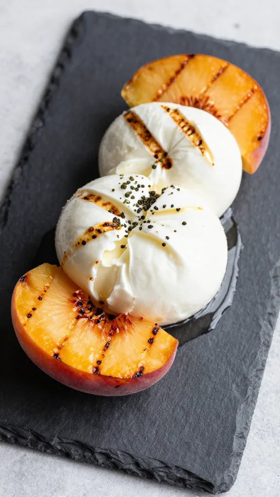 Grilled peach burrata platter on slate board