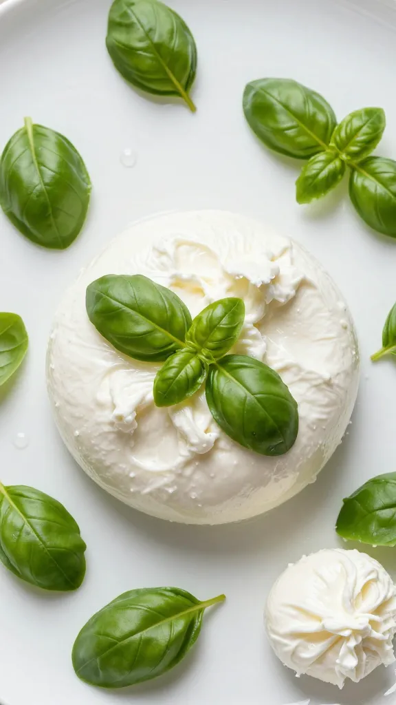 Basil leaves scattered over creamy burrata