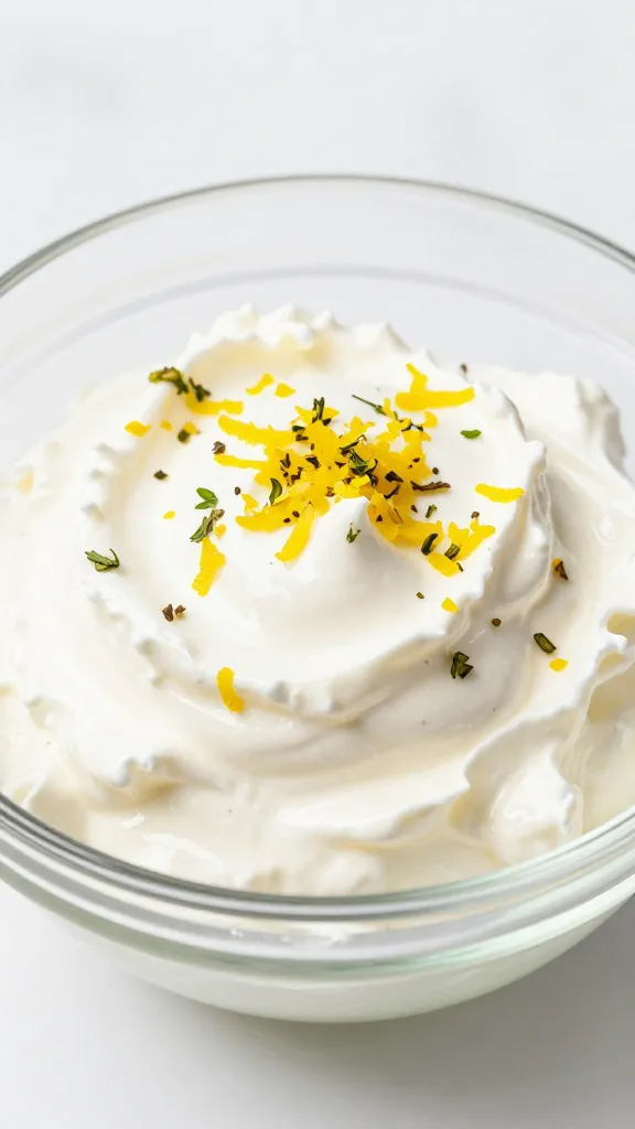 Whipped cottage cheese with lemon zest, herbs, in clear bowl