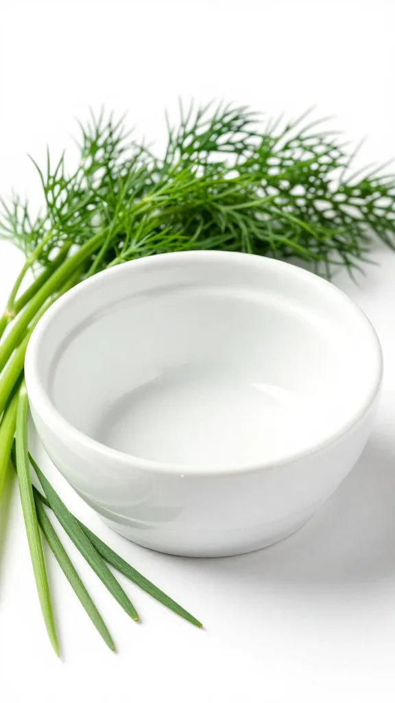 White ceramic dip bowl, sprigs of dill and chives nearby