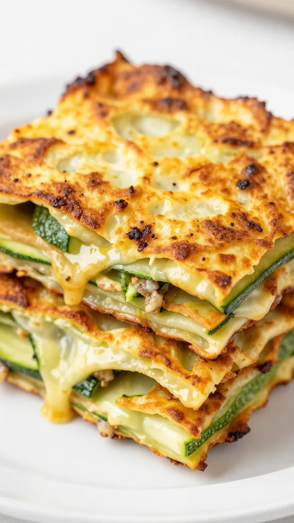 Crispy zucchini lasagna stacks on white plate, close-up