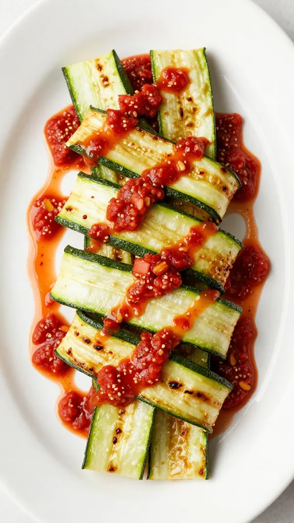 Roasted zucchini ribbons with marinara drizzle, high angle