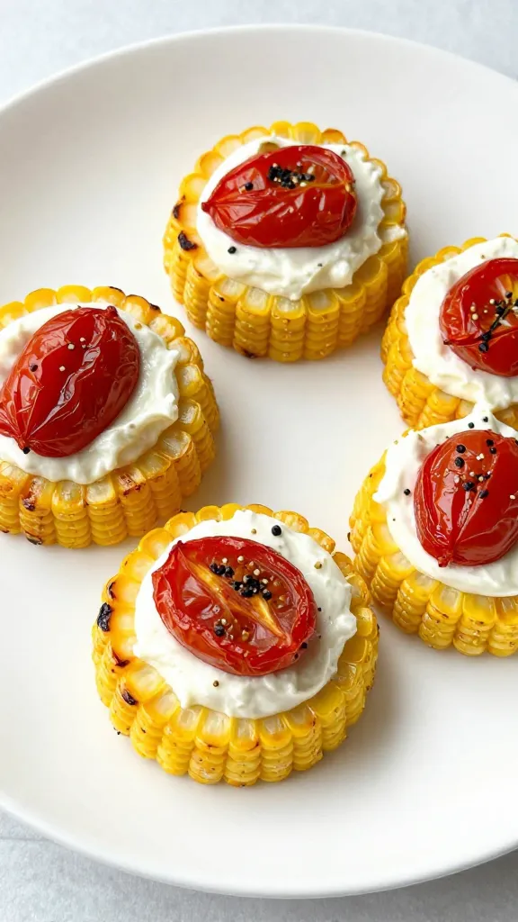 Roasted cherry tomato ricotta corn plates on white dish
