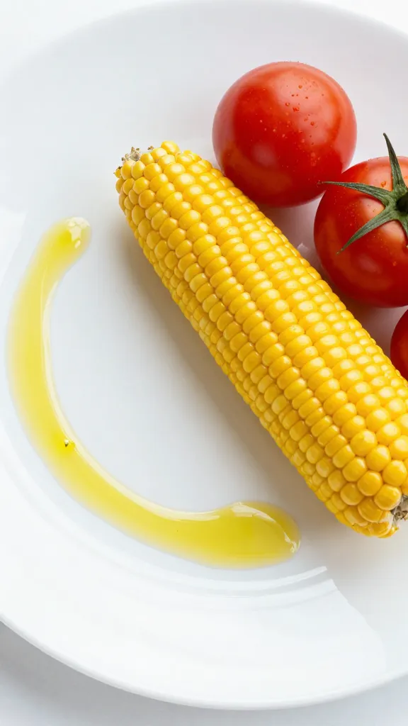 White plate with drizzle of olive oil, vibrant corn and tomatoes