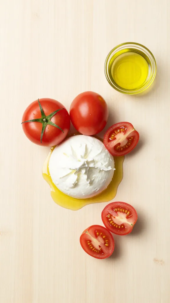 Minimalist flat lay: tomatoes, ricotta, corn, olive oil on light board