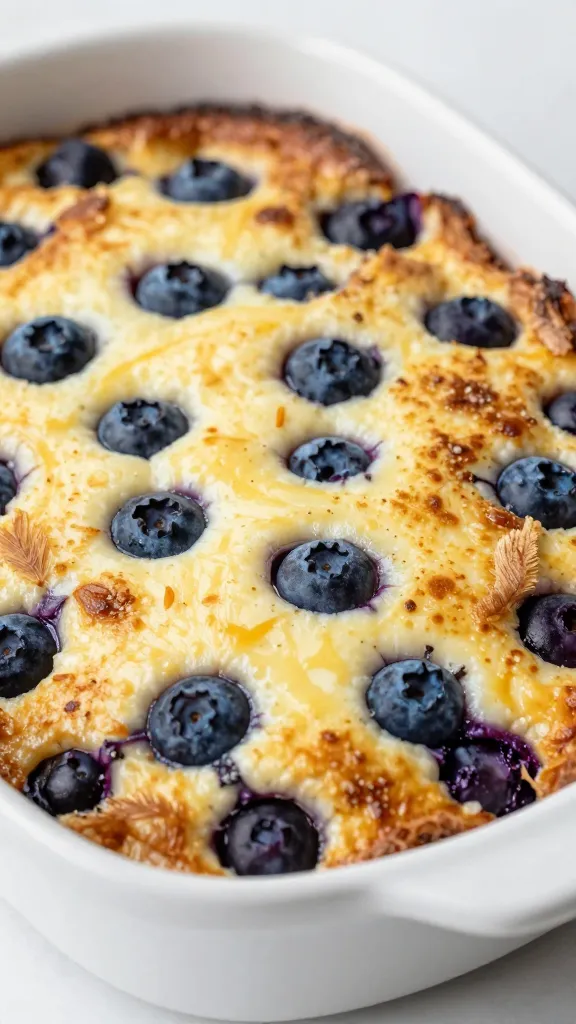 Brown butter blueberry cottage cheese bake in dish