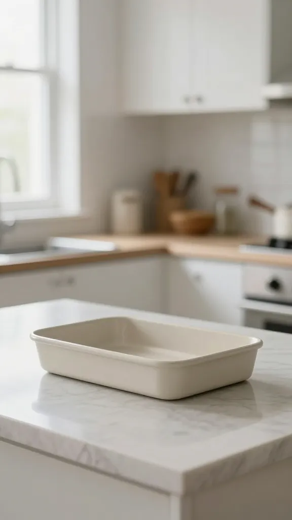 Soft natural light kitchen with baking dish centerpiece