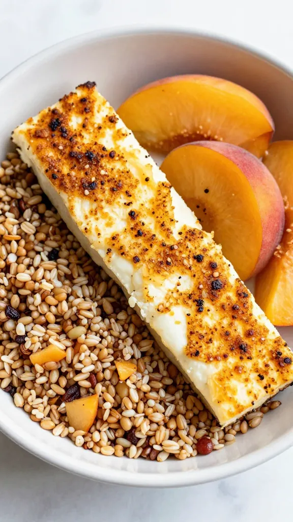 Crispy halloumi with juicy peaches in a gluten-free grain bowl