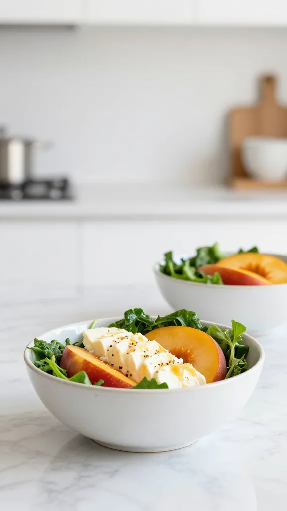Halloumi-peach bowls with greens in a bright minimalist kitchen