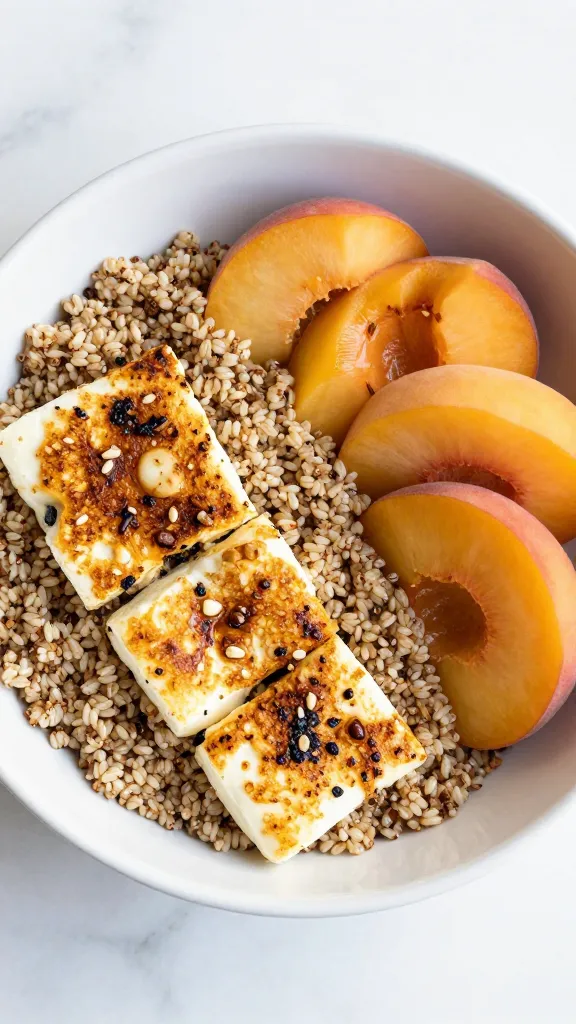 Gluten-free quinoa bowl featuring crispy halloumi and peaches