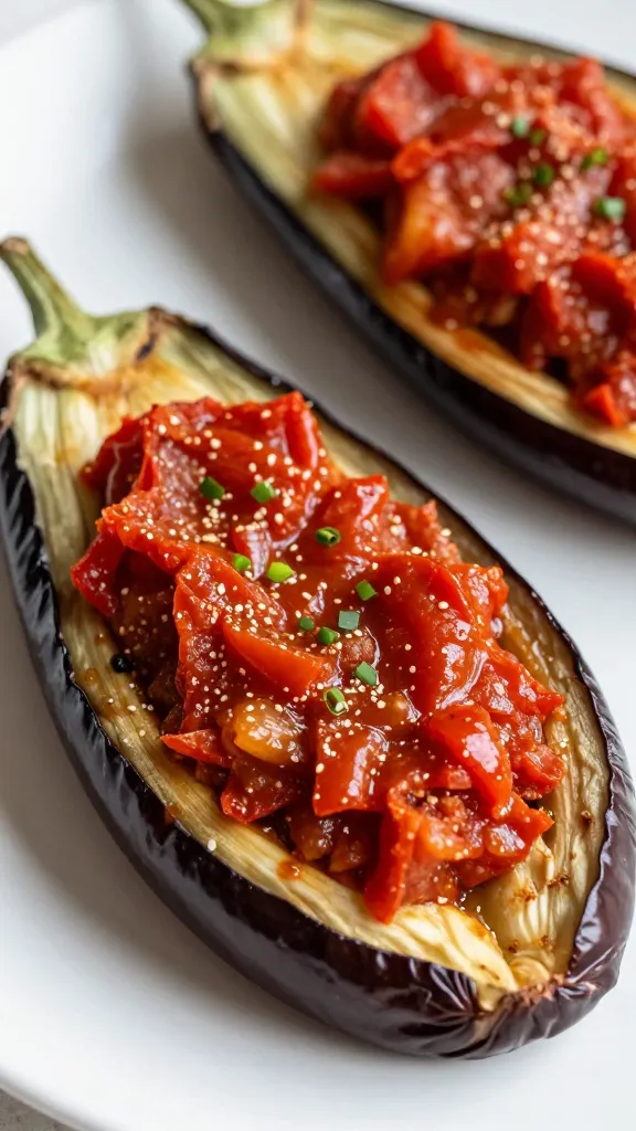 Smoky stuffed eggplant halves with tomato glaze, close-up