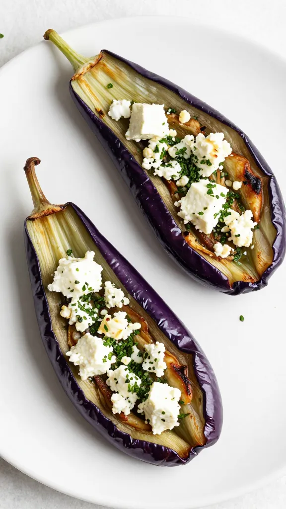Open-face roasted eggplant boats with feta and herbs