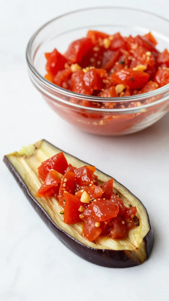 Glass bowl of crushed tomatoes beside plated eggplant boats